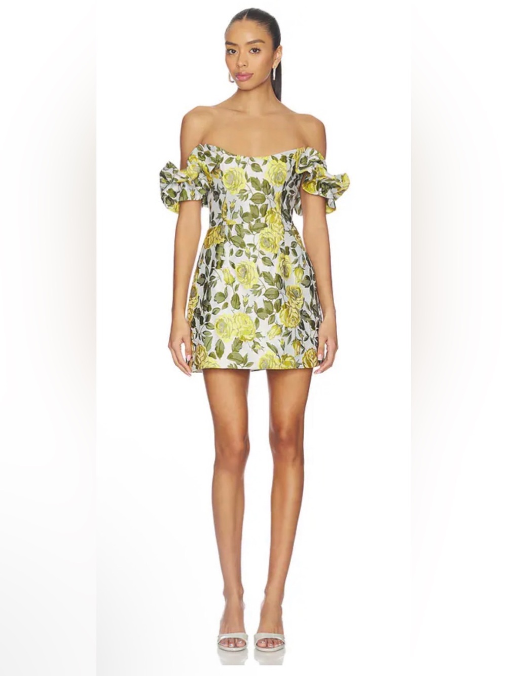 Katie May Off-Shoulder Floral Mini Dress in Yellow and Green Sz Medium NWT - Picture 1 of 3